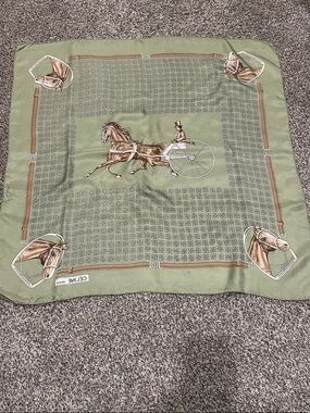 Celine Green and Brown Equestrian Silk Scarf with Horse and Carriage Motif